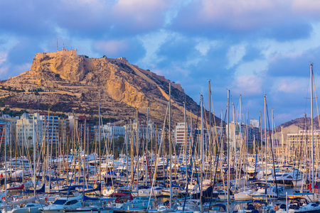 Marina and castle of santa barbara in Alicante, Spainの写真素材