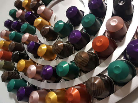 Modern coffee capsules of different colorsのeditorial素材