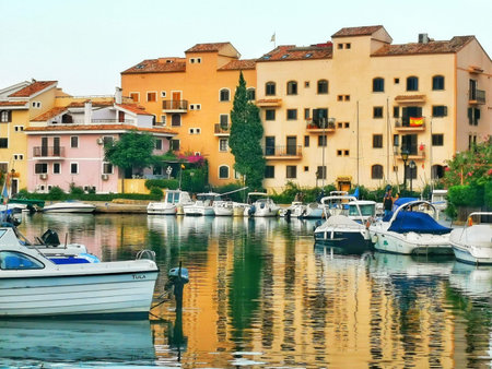 multicolored houses of a town on the Valencian coast in the Mediterraneanの写真素材