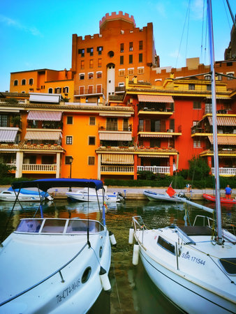 multicolored houses of a town on the Valencian coast in the Mediterraneanの写真素材