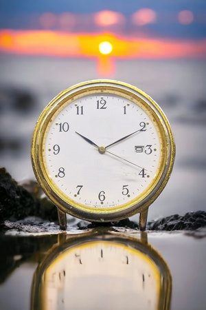 Vintage white round clock with brass frame showing time at 10:10の写真素材