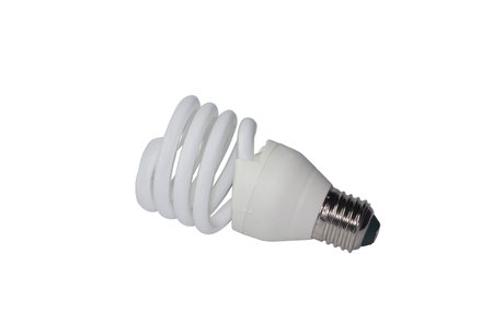 Energy-saving fluorescent electric light bulb on a white background.