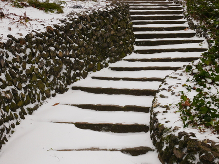 Steps and Stone Walls in the Snowの写真素材