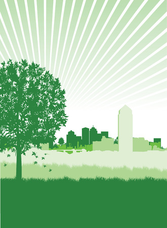 tree silhouette on a cityscape backgroundのイラスト素材