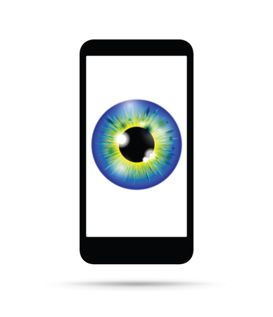 blue and yellow realistic eyeball on a cell mobile phoneのイラスト素材