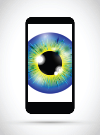 blue and yellow realistic eyeball on a cell mobile phoneのイラスト素材