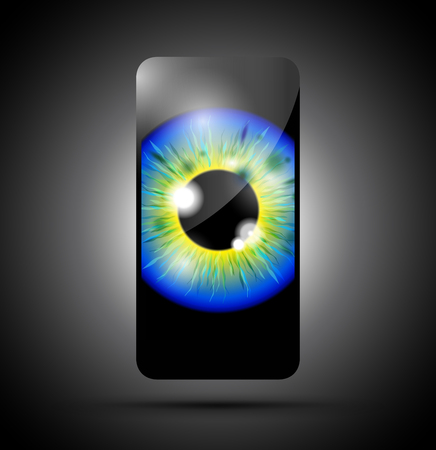 blue and yellow realistic eyeball on a cell mobile phoneのイラスト素材