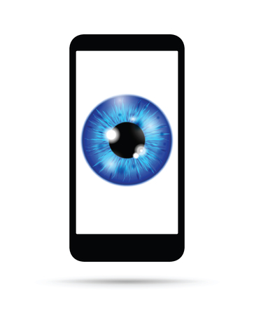 blue realistic eyeball on a cell mobile phoneのイラスト素材