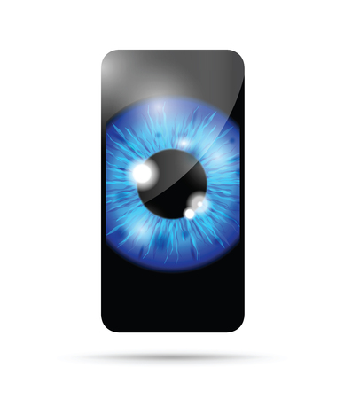 blue realistic eyeball on a cell mobile phoneのイラスト素材