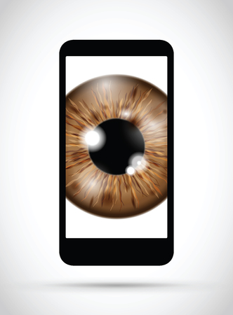 brown realistic eyeball on a cell mobile phoneのイラスト素材