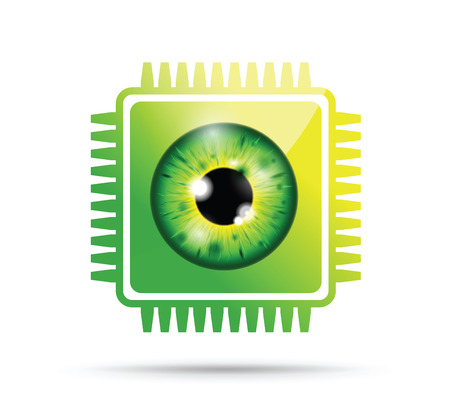 green and yellow realistic eyeball on a microchipのイラスト素材