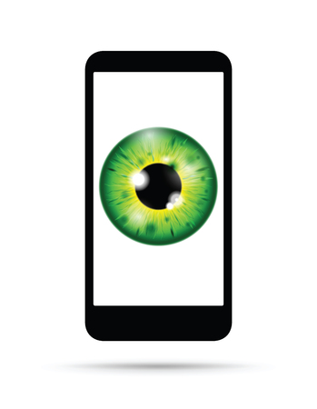 green and yellow realistic eyeball on a cell mobile phoneのイラスト素材