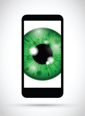 green realistic eyeball on a cell mobile phoneのイラスト素材