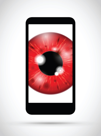 red realistic eyeball on a cell mobile phoneのイラスト素材