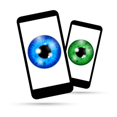 realistic eyeball on a cell mobile phone setのイラスト素材