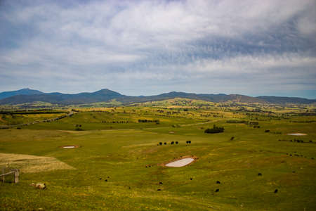 Dry green Australian countryside with hills in the backgroundの写真素材