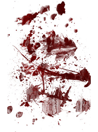 Grunge metallic textured red blood splatter pattern on white backgroundの写真素材