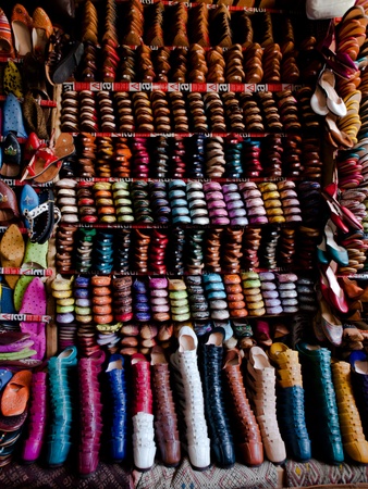 Leather shoes from Chouwara tannery, Fez medina, Moroccoの写真素材