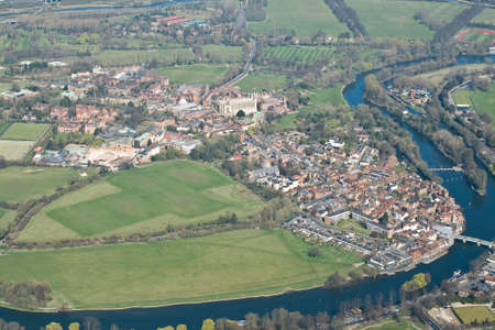 An aerial view of Eton, and Eton College top centre, Windsor and Maidenhead, Berkshire, UK.のeditorial素材