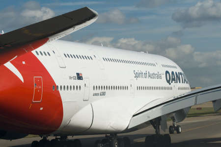 London Heathrow, UK - March 9, 2009: A Qantas A380 taxis for takeoff from runway 27L on one of its first visits to London.のeditorial素材