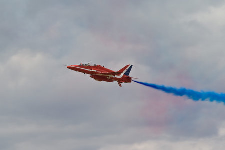 Farnborough, England, UK - July 24, 2010: A Hawk of the RAF display team the Red Arrows at...
