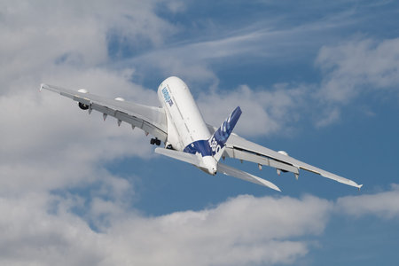 Farnborough, England, UK - July 24, 2010: Airbus A380 on display at Farnborough 2010 Airshow.