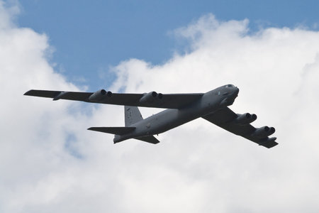 Farnborough, England, UK - July 24, 2010: A USAF B-52 Bomber makes a low pass at Farnborough 2010...