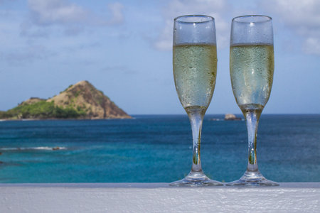 A pair of champagne glasses against the caribbean sea