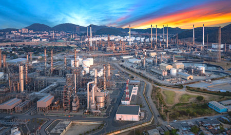 Panoramic view of the oil and gas refinery industry, with mountains in the background at dusk