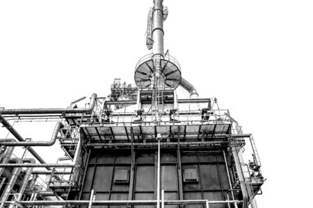 Close-up industrial oil and gas refinery zone,Detail of equipment oil pipeline steel with valves on-off reduce the pressure in the production at refining factory. Silhouettes on white background.の写真素材