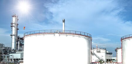 Oil and gas refinery storage tank and Detail of equipment oil pipeline steel with valve for industrail petroleum.の写真素材