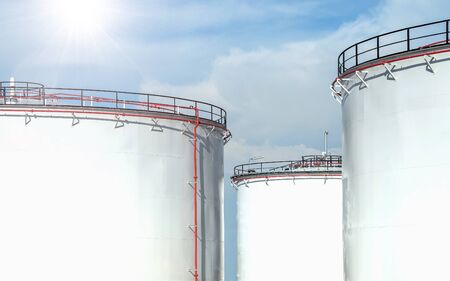 Oil and gas refinery storage tank and Detail of equipment oil pipeline steel with valve for industrail petroleum.の写真素材