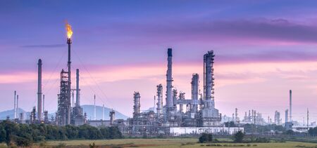 Panorama wide-angle Large oil and gas refinery industrial area at Twilight.の写真素材
