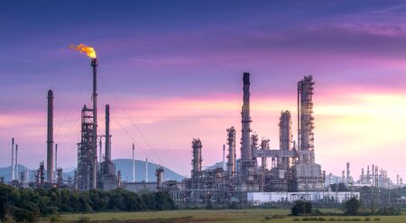 Panorama wide-angle Large oil and gas refinery industrial area at Twilight.の写真素材