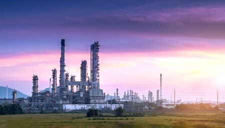 Panorama wide-angle Large oil and gas refinery industrial area at Twilight.の写真素材