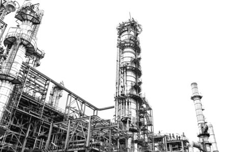 Close-up industrial oil and gas refinery zone,Detail of equipment oil pipeline steel with valves on-off reduce the pressure in the production at refining factory. Silhouettes on white background.の写真素材