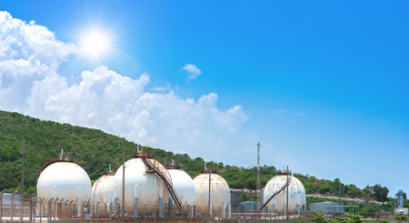 Oil and gas refinery storage tank and Detail of equipment oil pipeline steel with valve for industrail petroleum. の写真素材