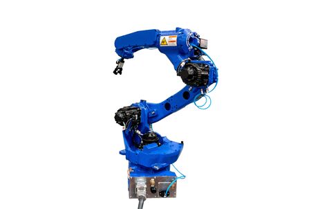 Blue robotic arm isolated on white background.の写真素材