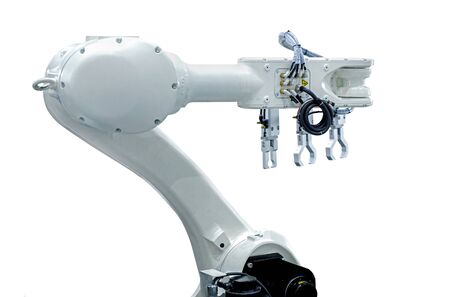 White robotic arm isolated on white backgroundの写真素材