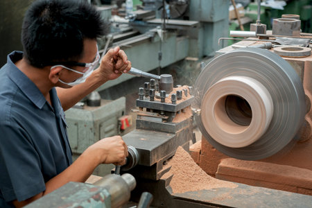 Professional workers are doing the milling process for metal parts, metal machinery in large industrial plants-imageの写真素材