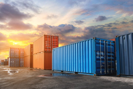 Stack of containers box from Cargo freight ship for import-export at harbor and transportation industrial concept.の写真素材