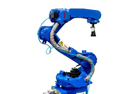 Blue robotic arm isolated on white background.の写真素材