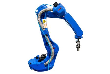 Blue robotic arm isolated on white background.の写真素材