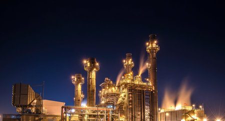 Industrial Panorama view Power plant zone at night. 