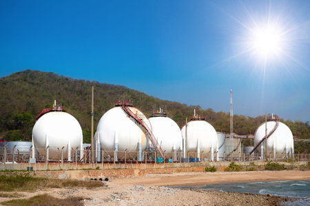 Oil and gas refinery storage tank and Detail of equipment oil pipeline steel with valve for industrail petroleum.の写真素材