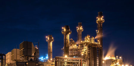 Industrial Panorama view Power plant zone at night. の写真素材
