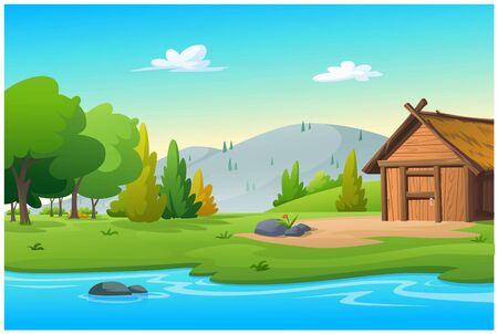 Illustration is a vector of a hut near the stream.のイラスト素材
