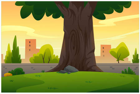 Vector illustration of a garden with a big tree in the evening atmosphere.のイラスト素材
