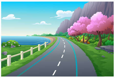 Scenery of mountains and trees The sea in the daytime.のイラスト素材