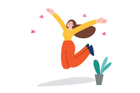 The woman jumped and smiled, looking very happy and having fun.のイラスト素材